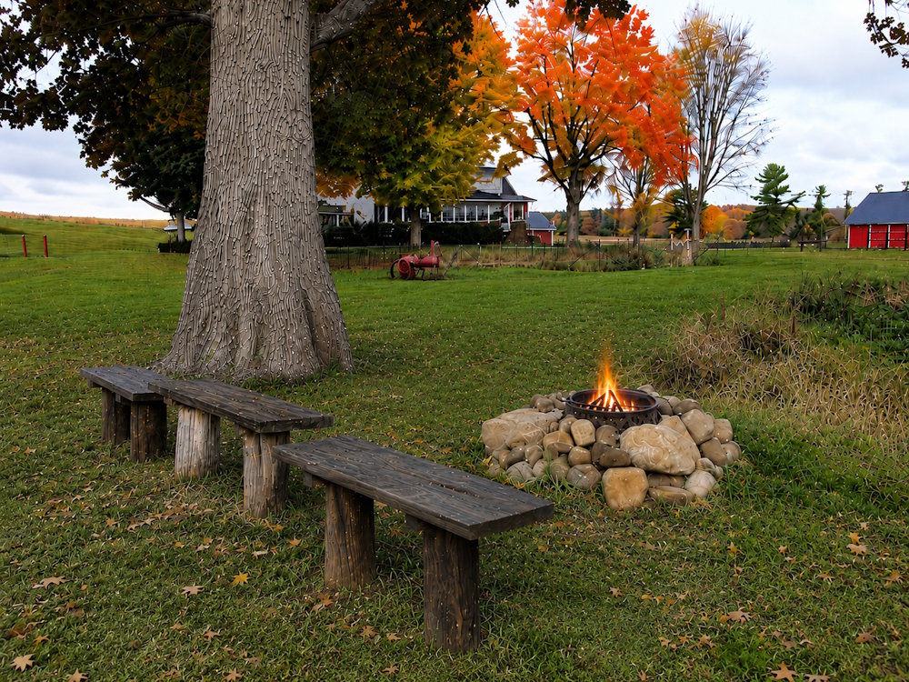 Country fire pit with rustic bench seating beneath an oak tree